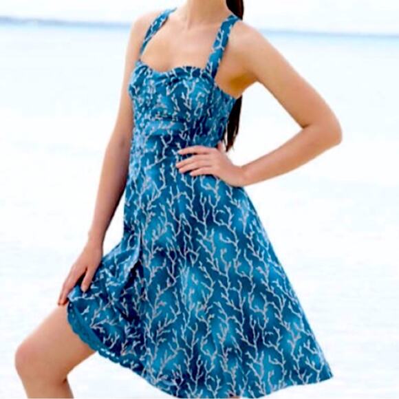 Anthropologie HD in Paris Blue Acropora Coral Print Fit and Flare Dress Size 00 - Picture 1 of 12